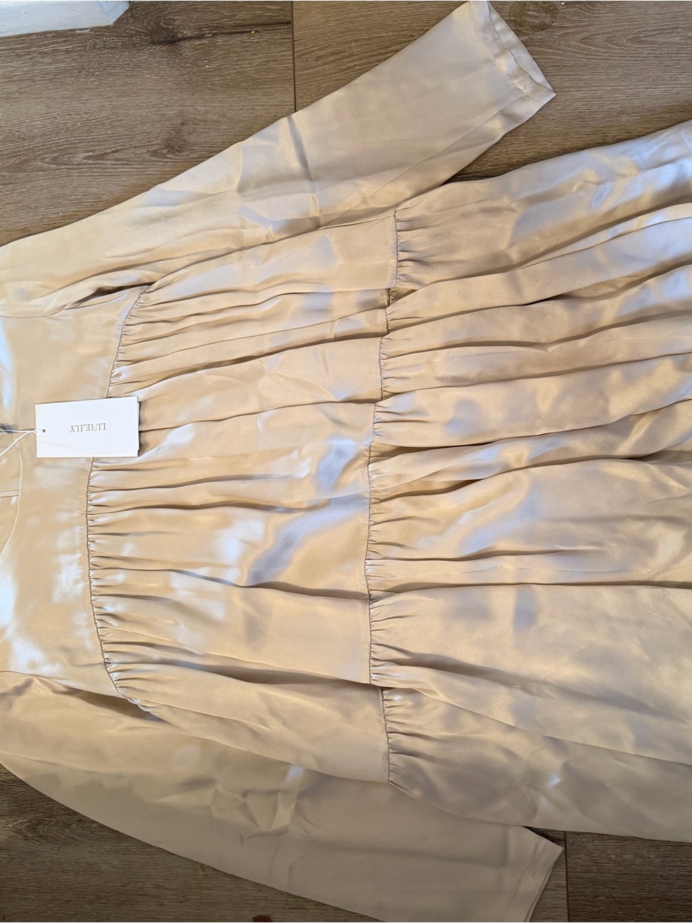 REI Satin Pleated Dress in Light Beige